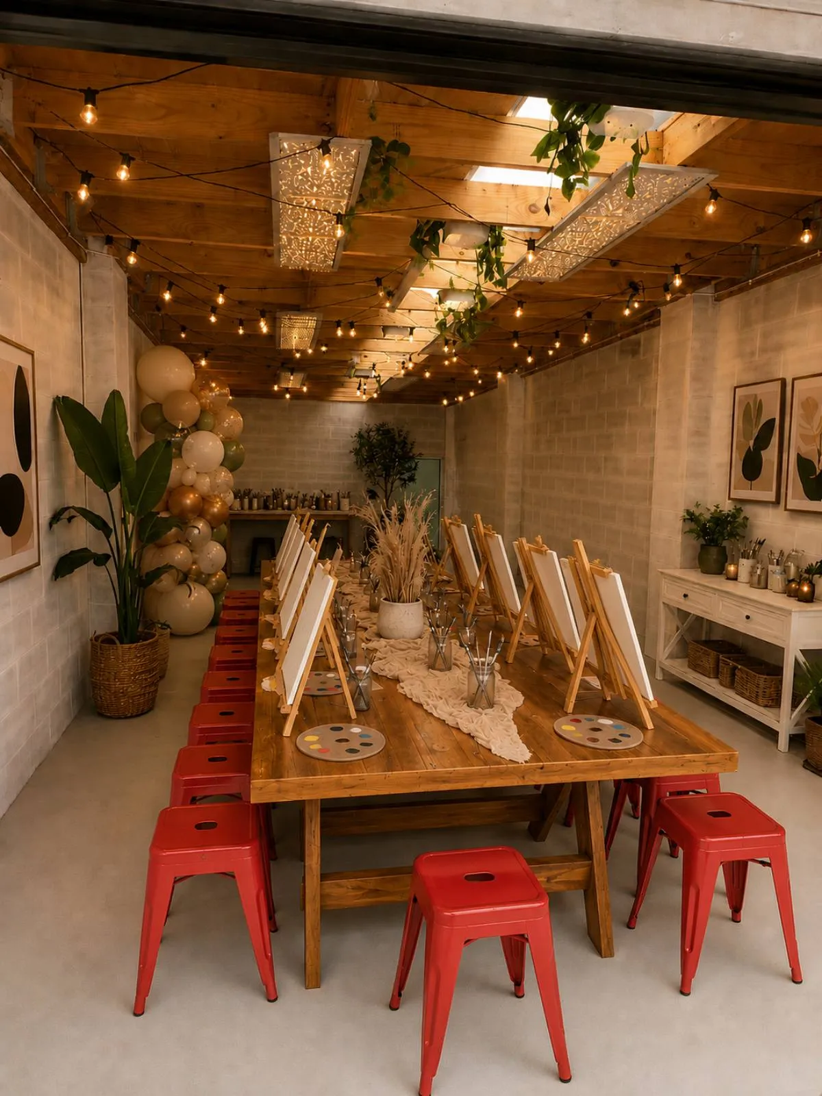Art & Craft Room — long timber table set with easels, canvases and paint palettes