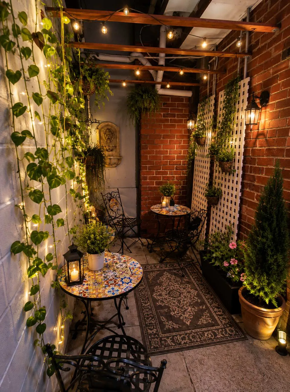 Glow in the Dark Room — cosy nook glowing with fairy lights and lanterns around mosaic tables